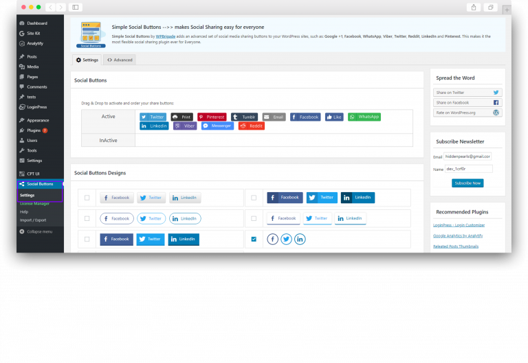 Settings and Configurations of Simple Social Buttons - SSB