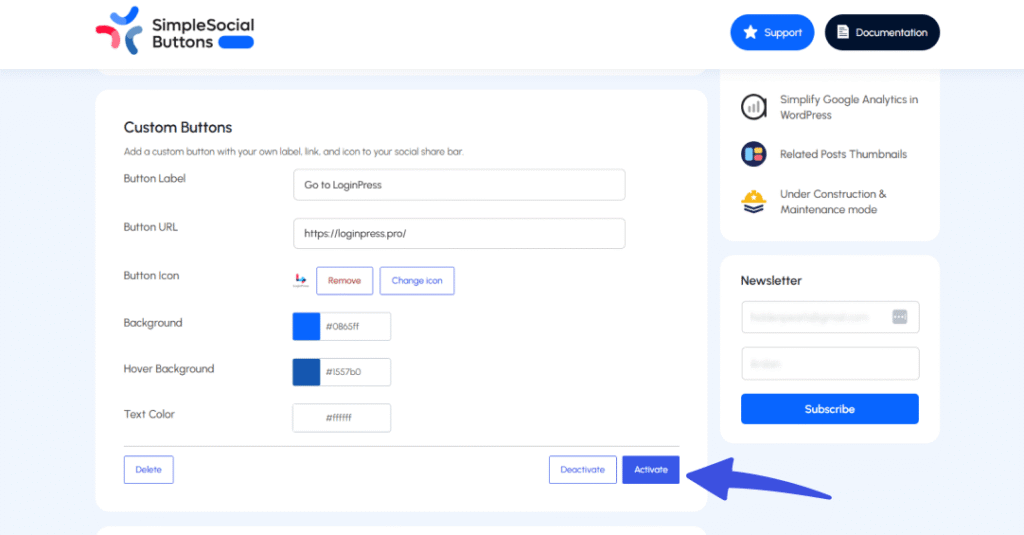 Click on activate button for custom button to appear